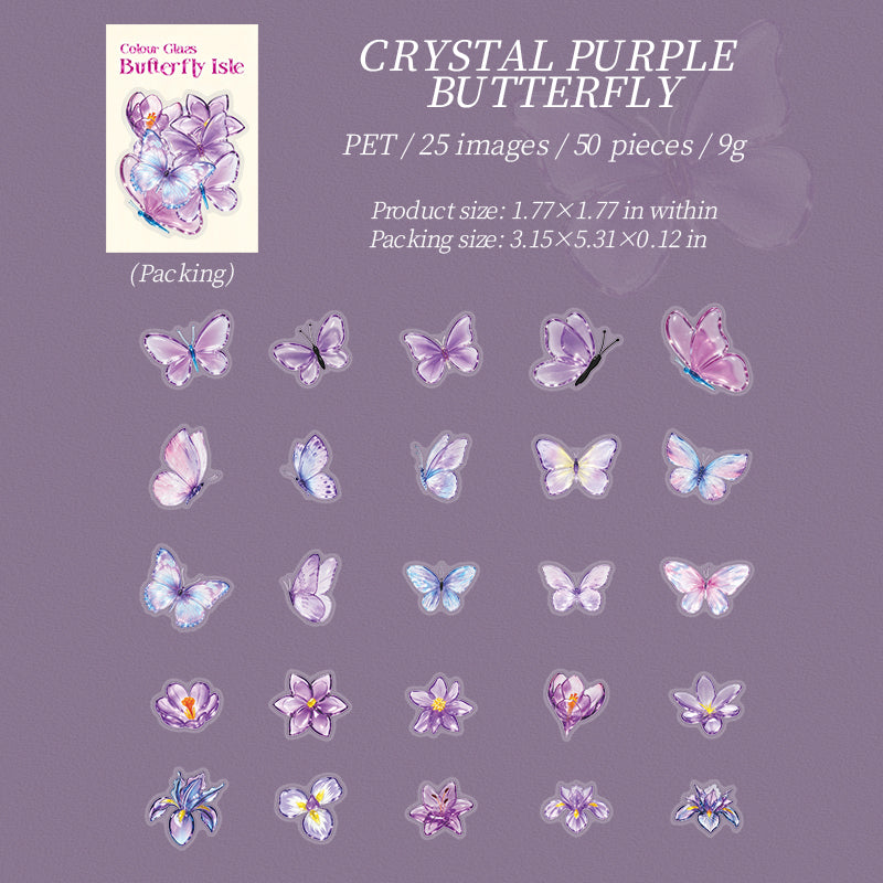 Colorful Glass Butterfly Isle PET Stickers -50Pcs each pack