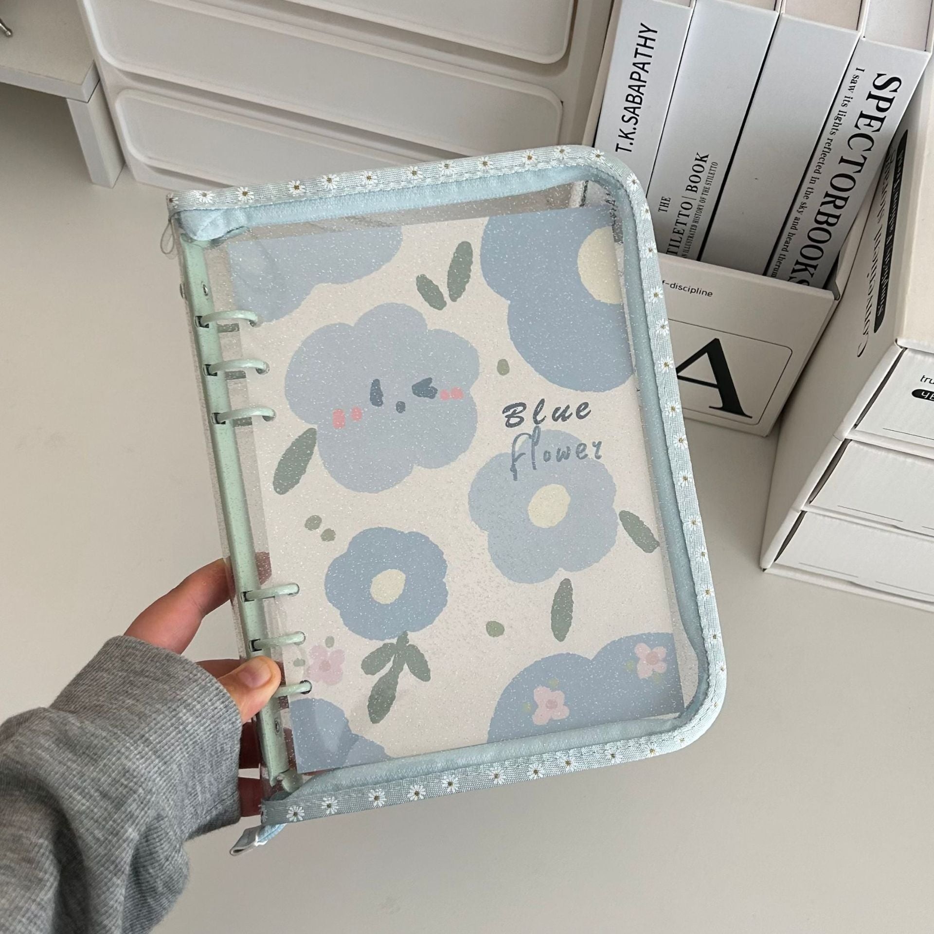 0701 A5 Glitter clear binder with Zipper and flower pattern border *not contain insert pages
