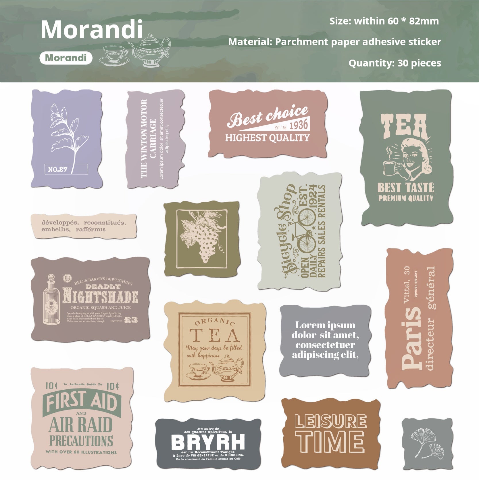 0620 Vintage label vellum paper Sticker -30Pcs each pack