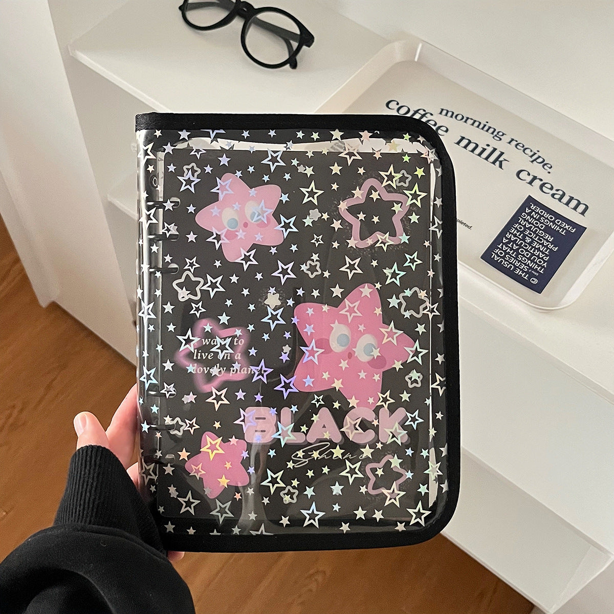 0701 A5 Glitter Stars clear binder with Zipper *not contain insert pages