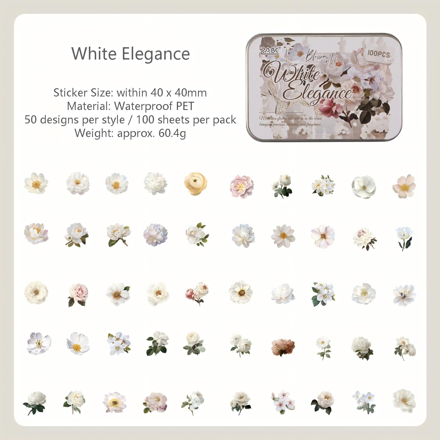 Vintage Watercolor Flowers PET Stickers -100Pcs each pack