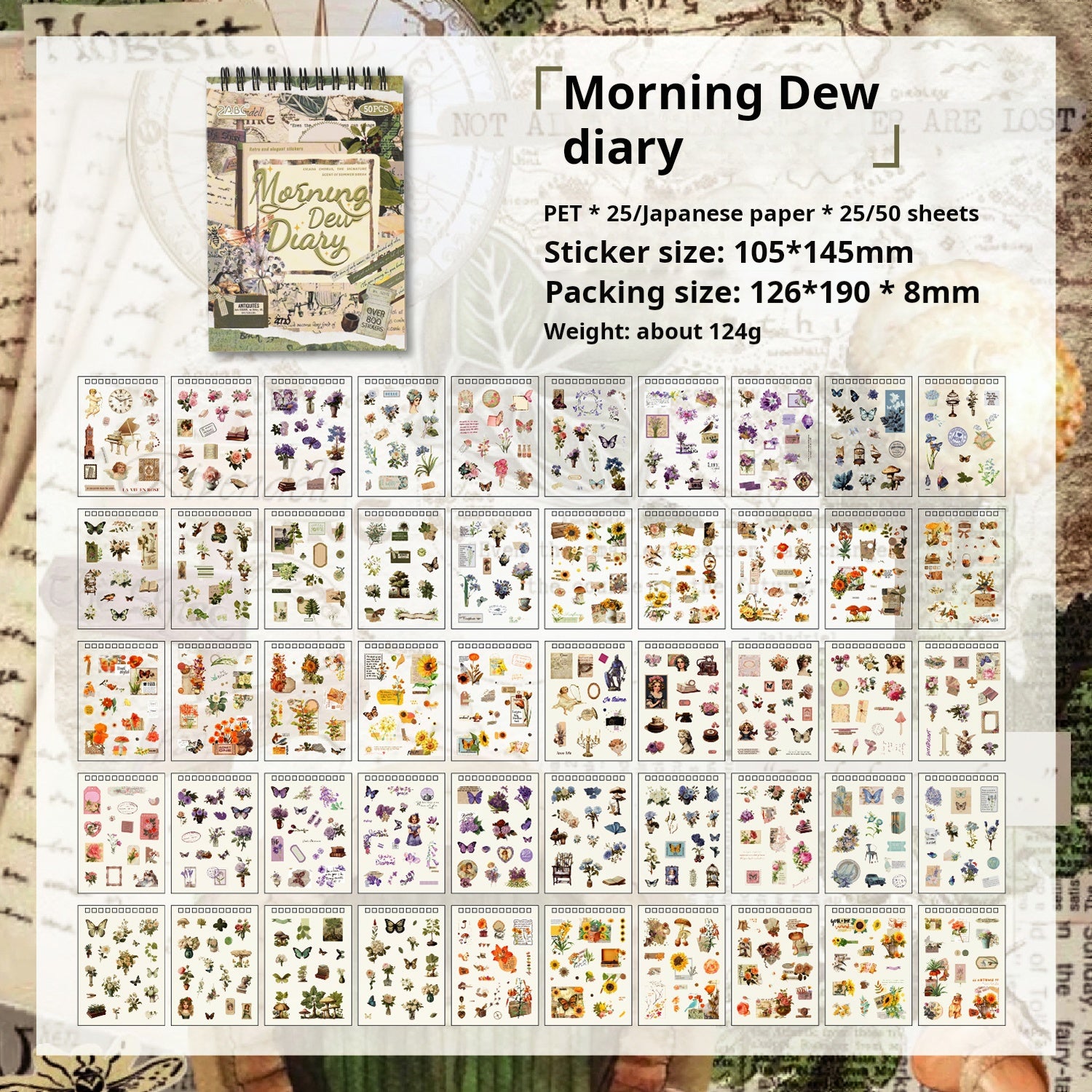 Vintage PET & Washi Sticker Book -50Pcs each pack