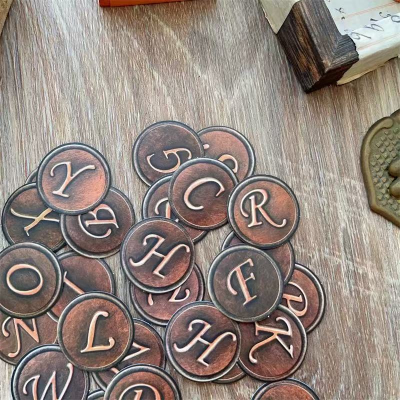Vintage Imitation Metal Round English Letters Paper Stickers -26pcs each pack