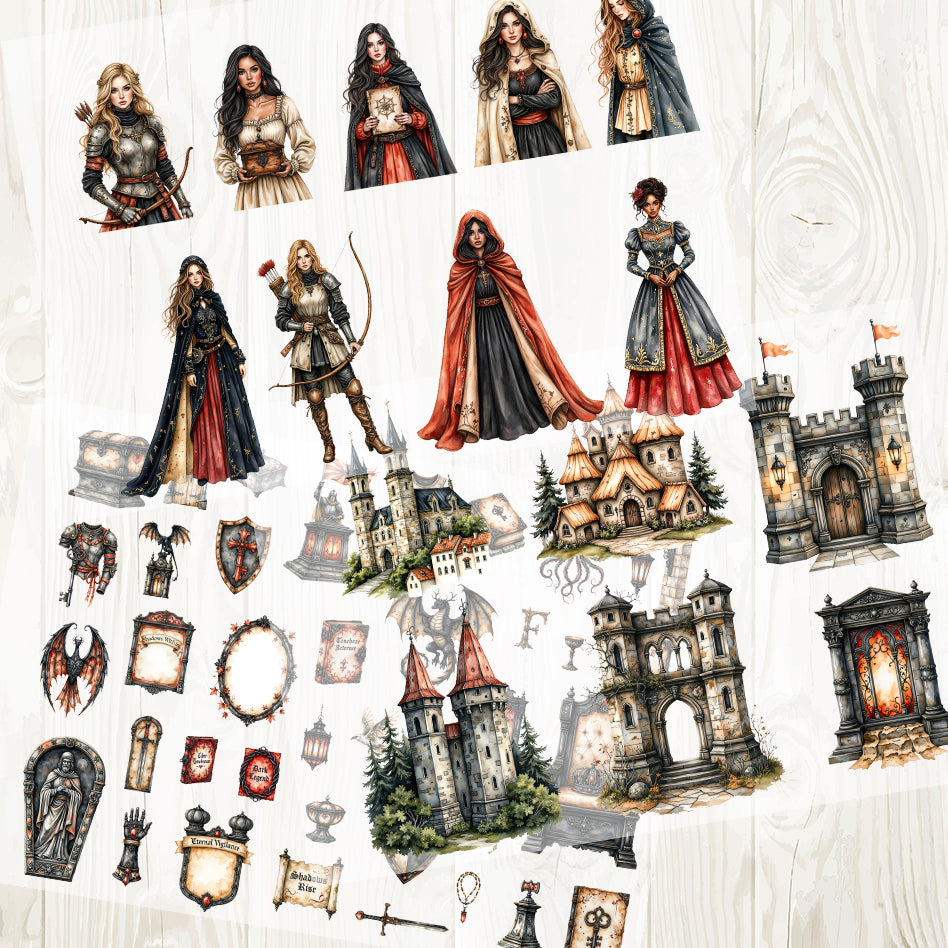 A4 Castles and female warriors matte PET pre-cut large sticker 1 pack 3 sheets