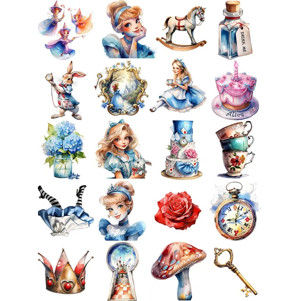 20 Alice in Wonderland solid sticker with white border