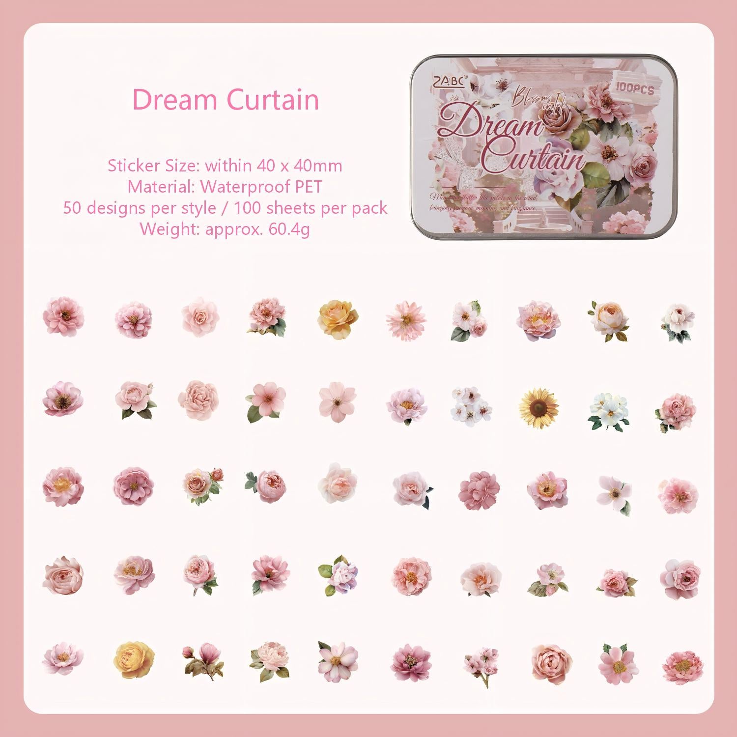 Vintage Watercolor Flowers PET Stickers -100Pcs each pack
