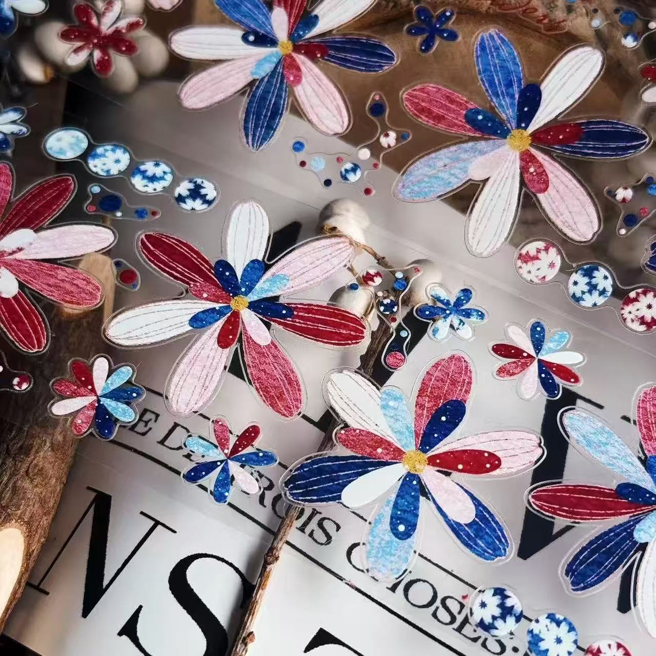 Blue Pink Daisy Pre-cut PET Tape (5 x 100 cm) 1 loop