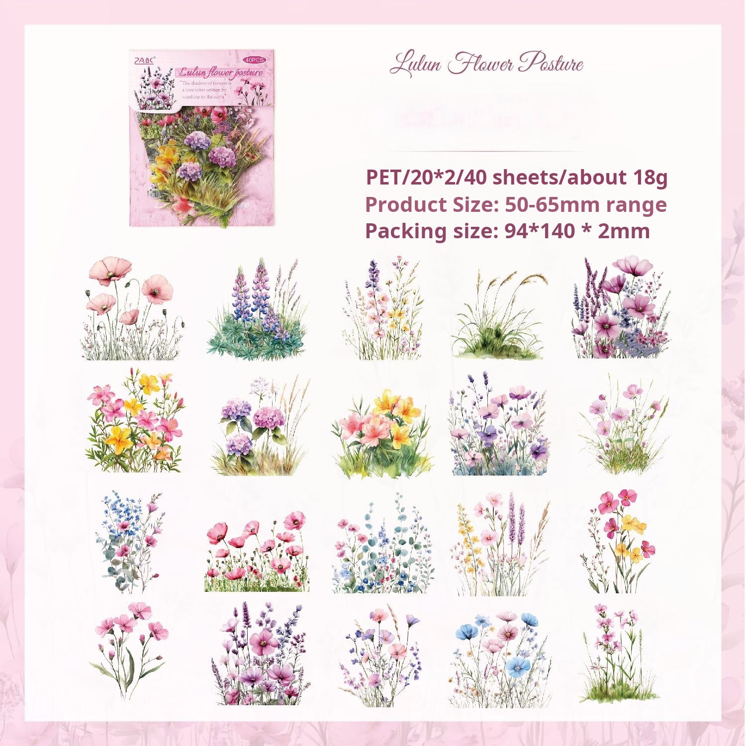 Flowers PET Sticker -40Pcs each pack