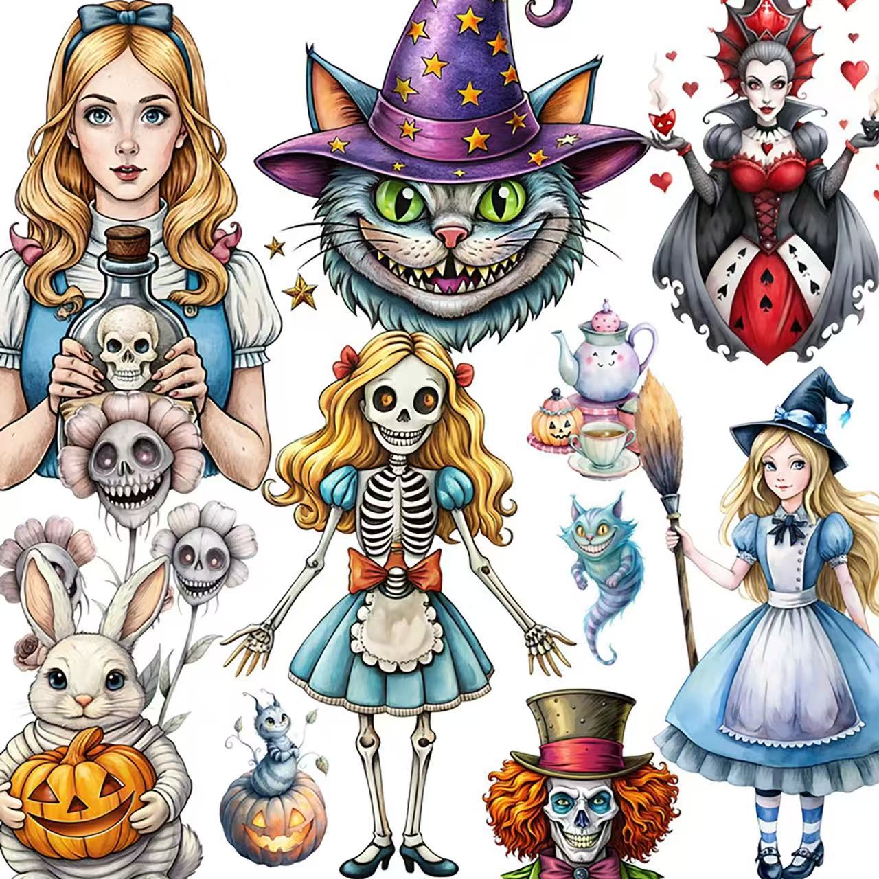 20 Halloween Alice in Wonderland solid sticker with white border