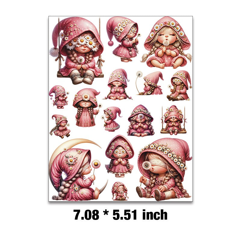 E-95- Dandelion gnome girl Embossed sticker 1 Pcs