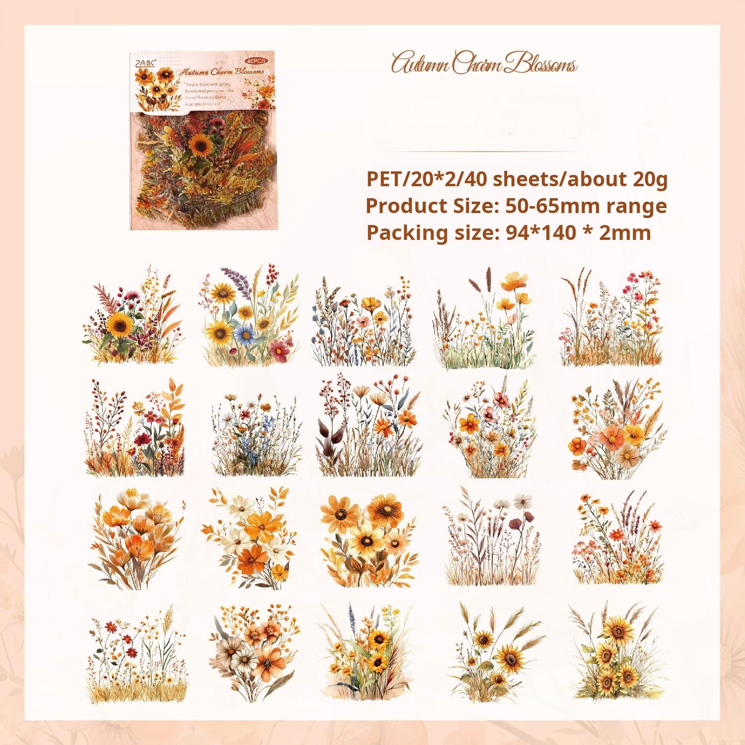 Flowers PET Sticker -40Pcs each pack