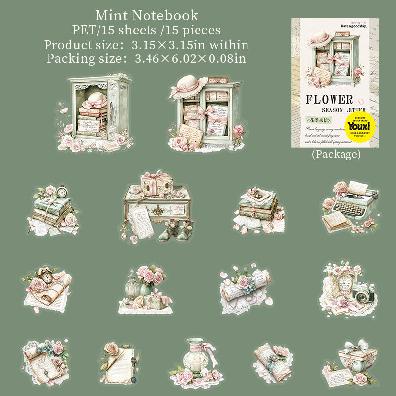 0623 Flowers and letters PET Stickers -15Pcs each pack