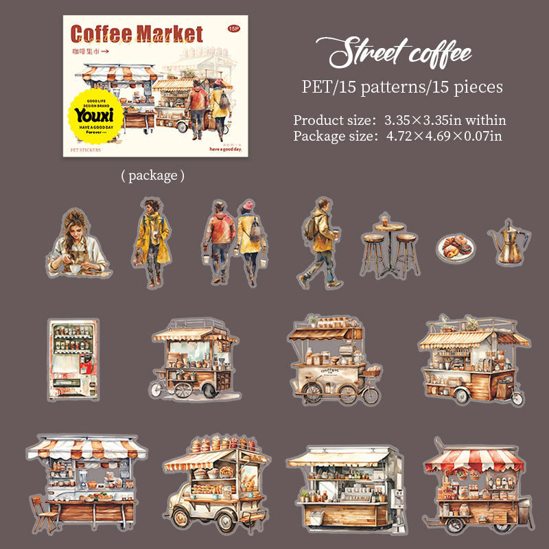 0529 Coffee bazaar PET Sticker -15Pcs each pack