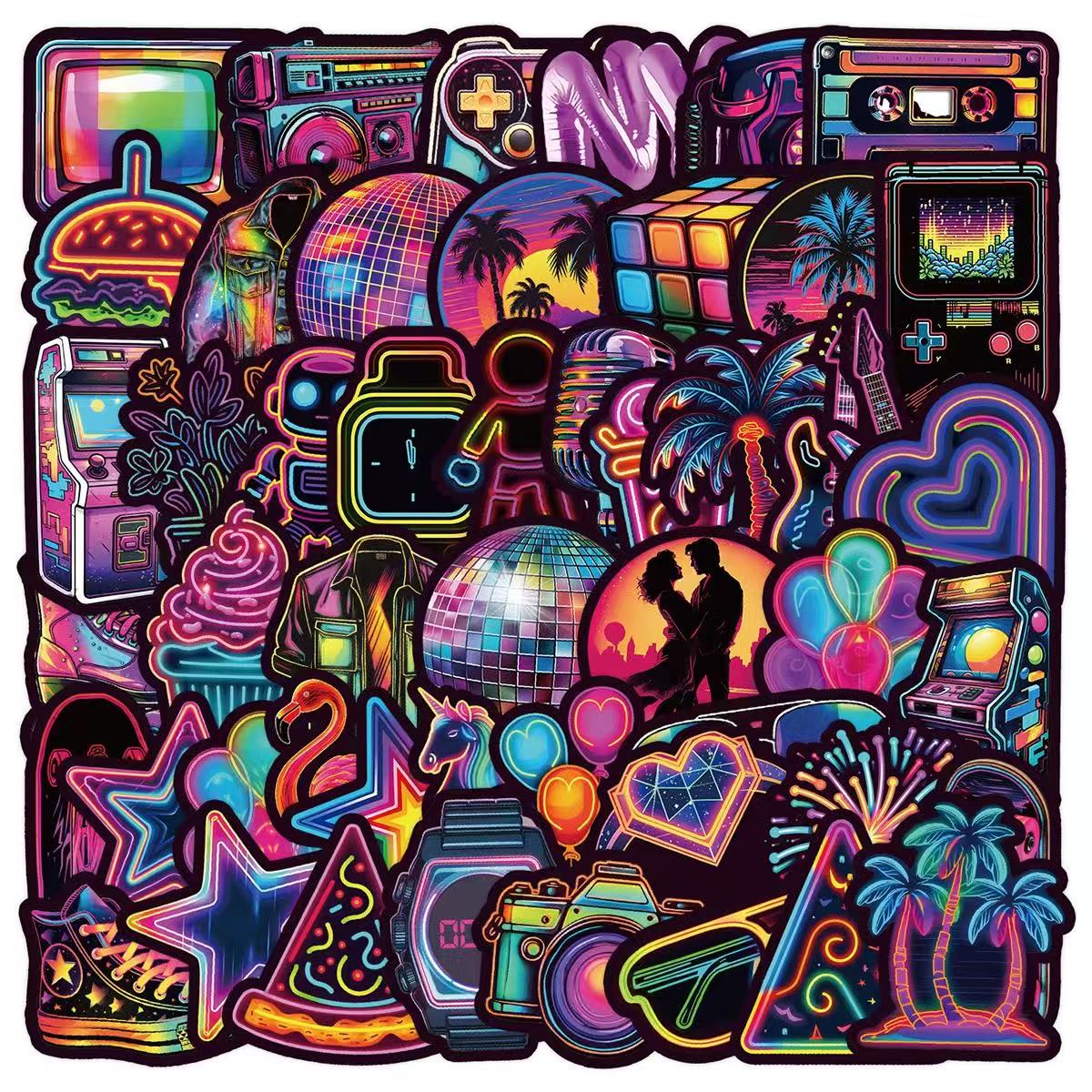 50 Vintage Neon Cyber Style Solid Sticker With Black Border