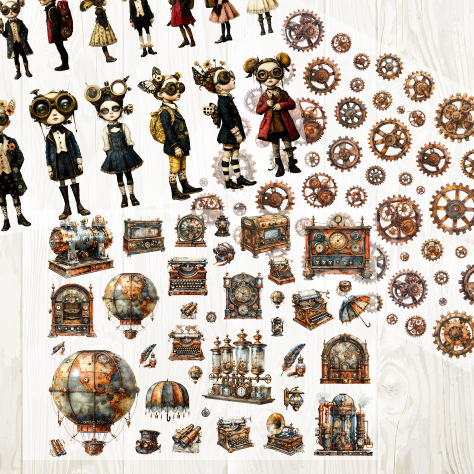 A4 Steampunk kid and gears matte PET pre-cut large sticker 1 pack 3 sheets