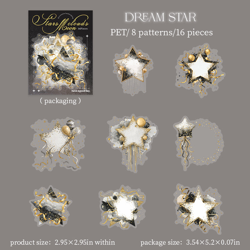 Clouds, Moon and Stars PET Stickers -16Pcs each pack