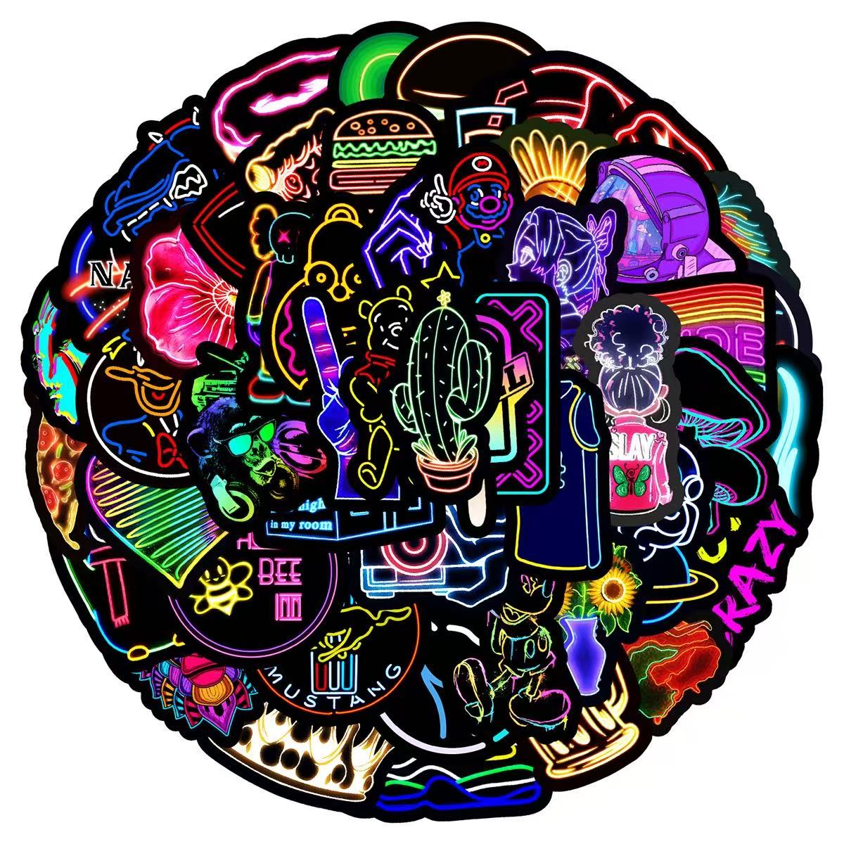 50 Vintage Neon Cartoon Style Solid Sticker With Black Border