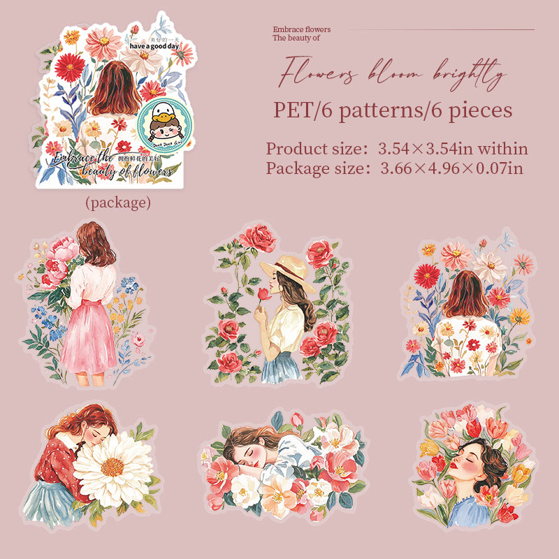 0625 Flowers and girl PET Sticker -6Pcs each pack