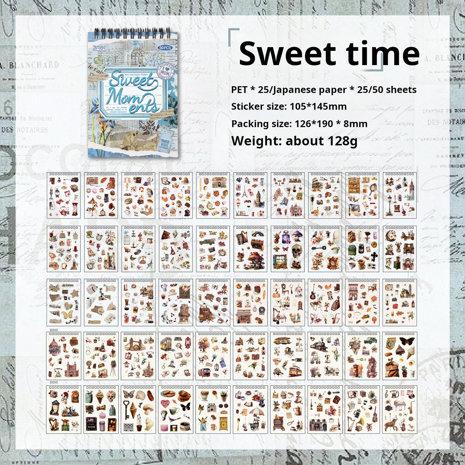 Vintage PET & Washi Sticker Book -50Pcs each pack
