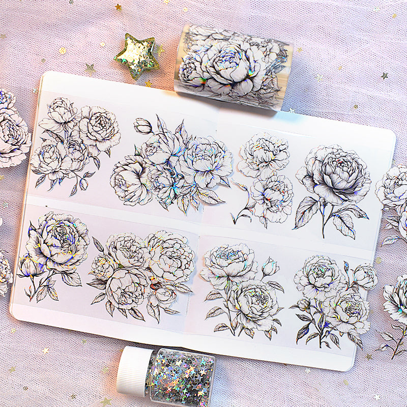 Black & White Peony Shell Gloss PET Tape (6cm x 2m)