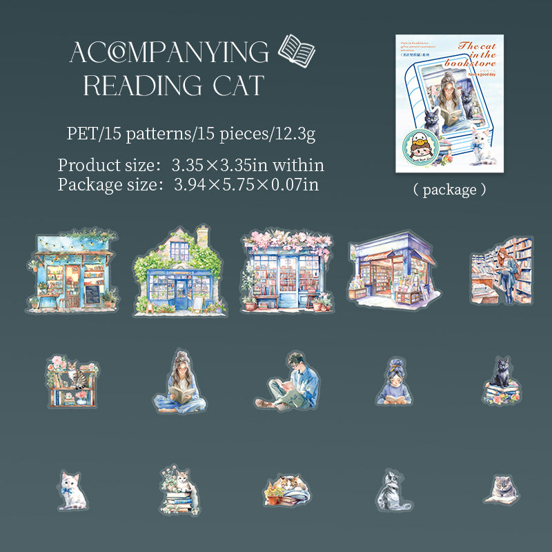 0305 The cat in the bookstore Series Stickers -15Pcs each pack