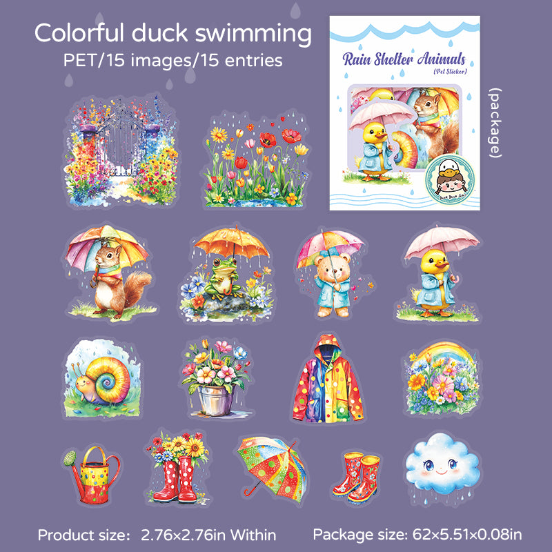 Animals hiding from the rain PET sticker -15Pcs each pack