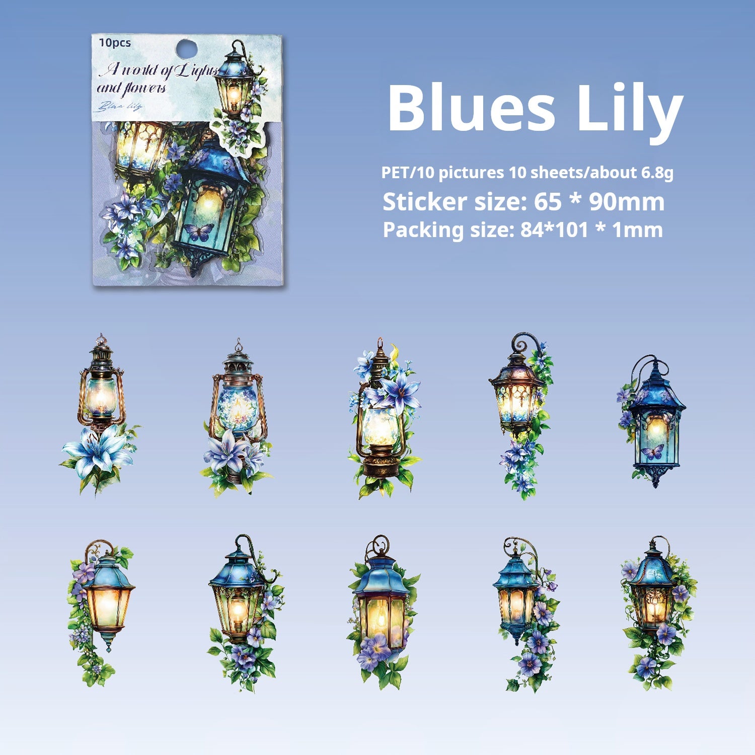 Lights and flowers PET Sticker -10Pcs each pack