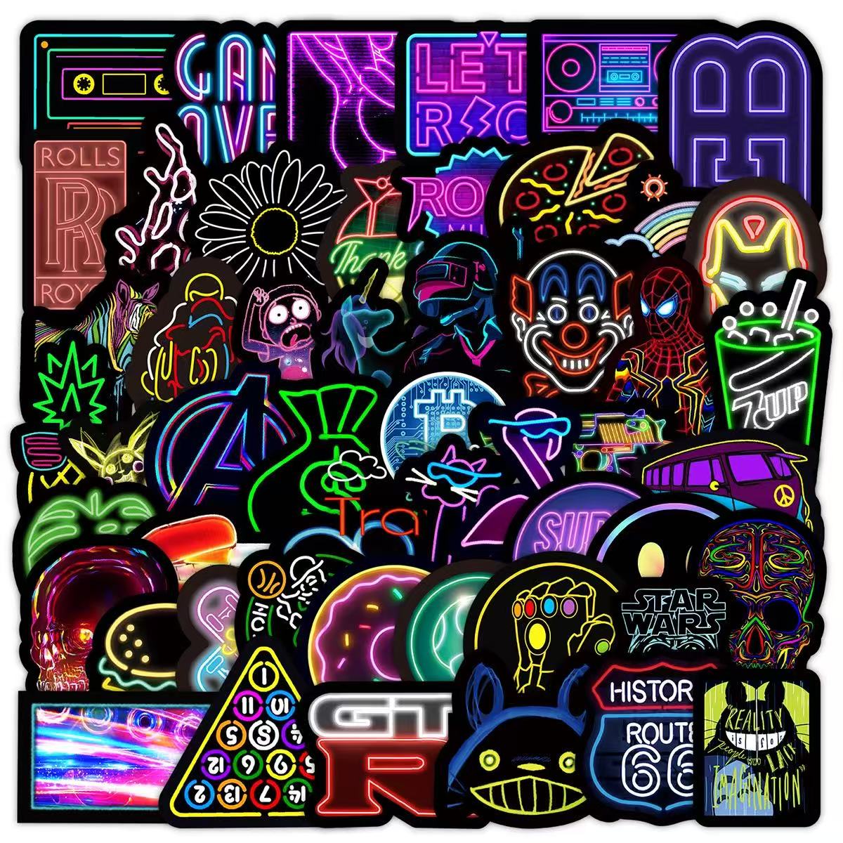 50 Vintage Trendy Neon Cool Style Solid Sticker With Black Border