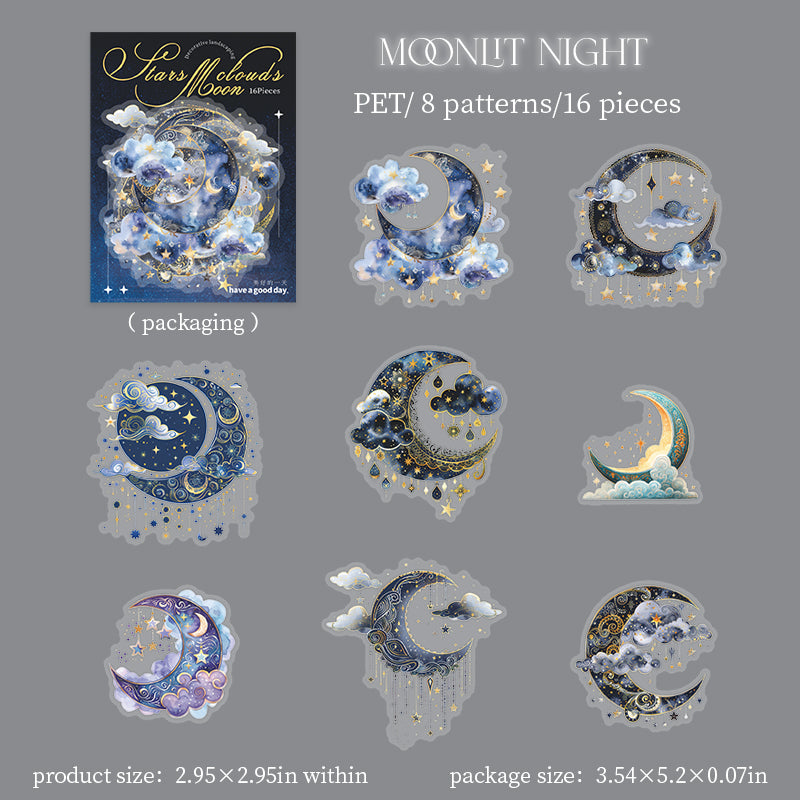 Clouds, Moon and Stars PET Stickers -16Pcs each pack