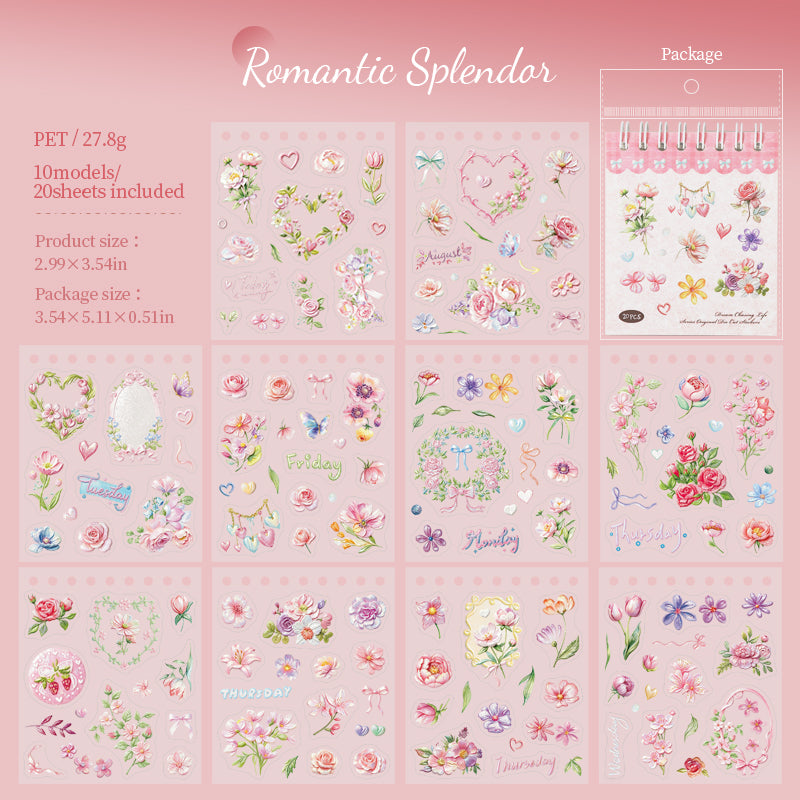 Iridescent Floral Painting PET Sticker Book -20Pcs each pack