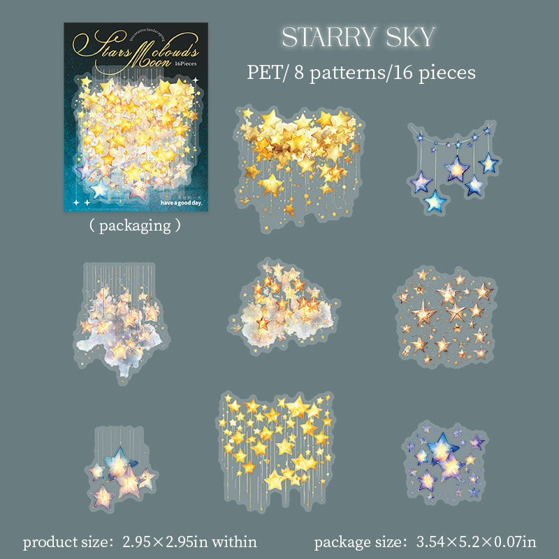 Clouds, Moon and Stars PET Stickers -16Pcs each pack