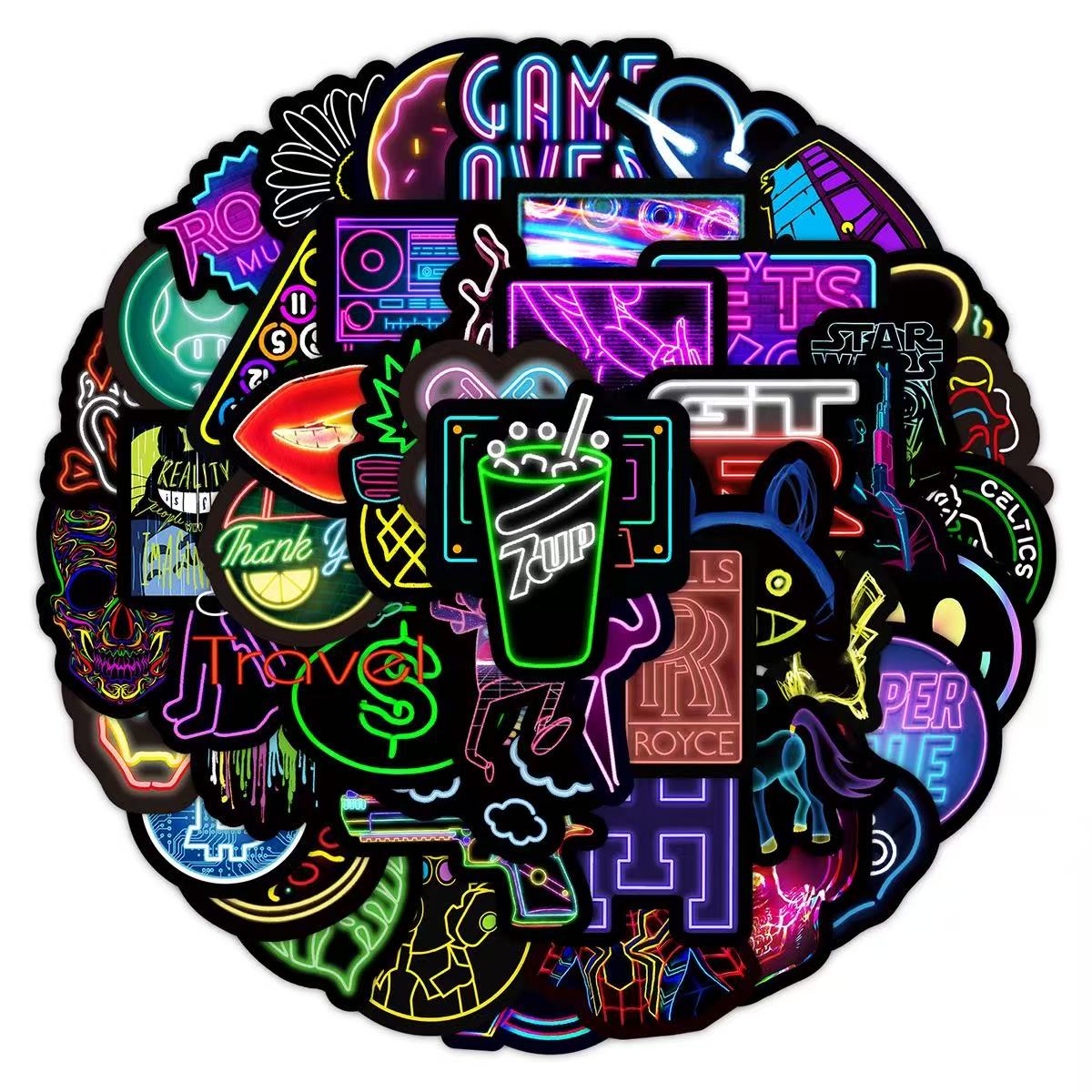 50 Vintage Trendy Neon Cool Style Solid Sticker With Black Border