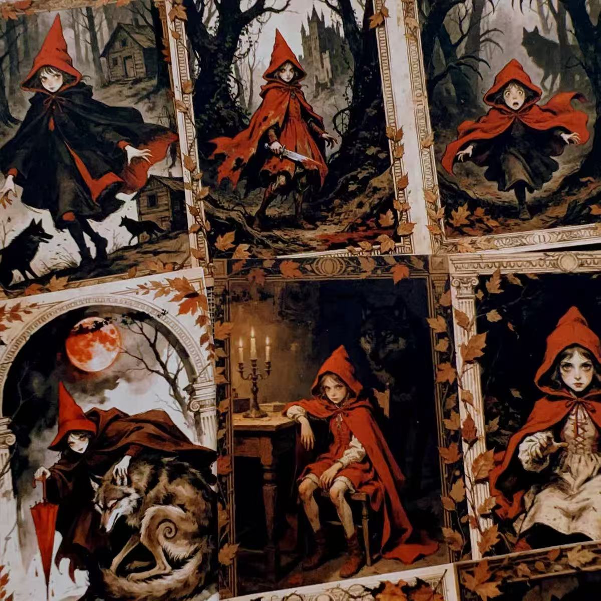 A4 size Dark Little Red Riding Hood Style paper 3 pcs (Uncut, with white borders)