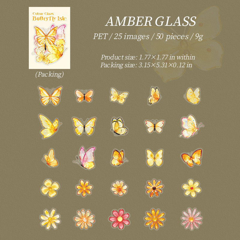 Colorful Glass Butterfly Isle PET Stickers -50Pcs each pack