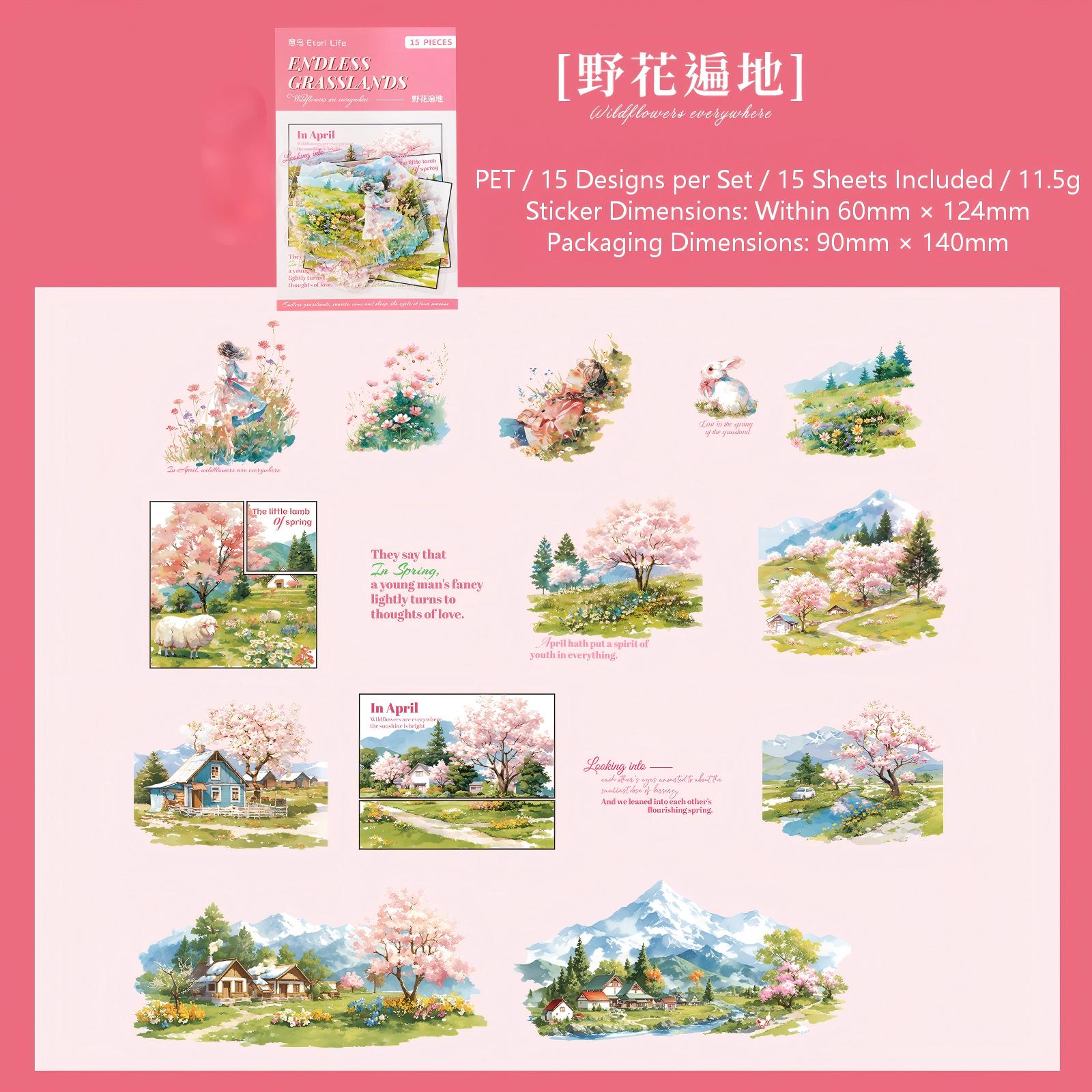 Endless Grassland PET Sticker -15Pcs each pack