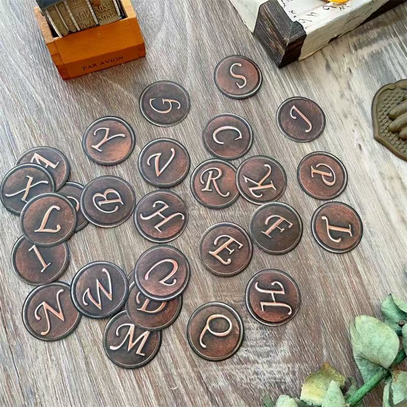 Vintage Imitation Metal Round English Letters Paper Stickers -26pcs each pack