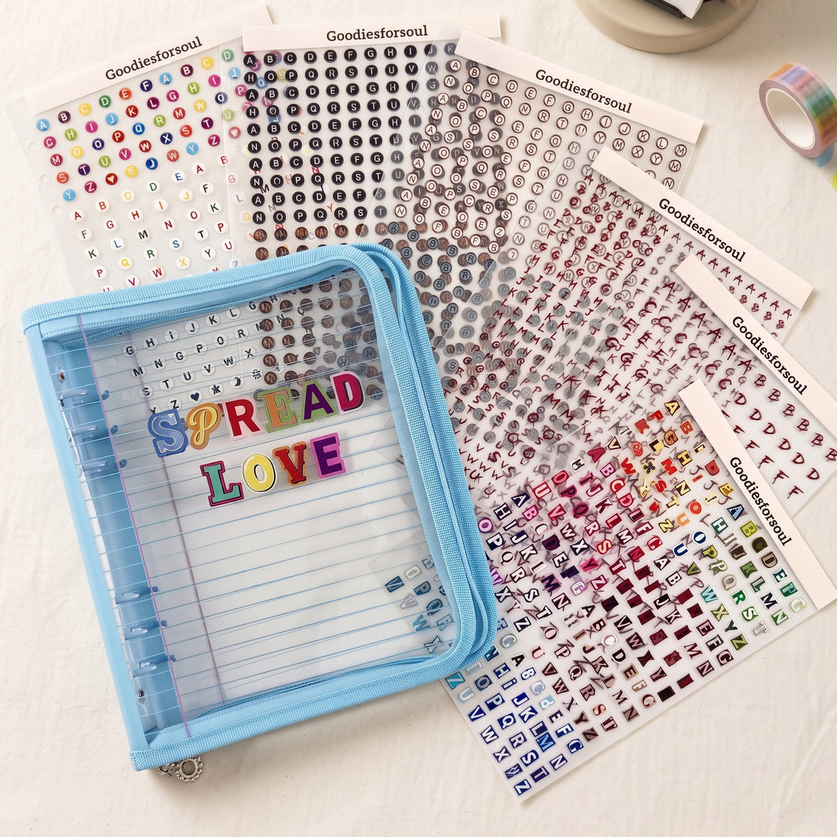 "Spread Love" Alphabet Sticker Bundle – Includes A5 Zipper Binder & 6 Styles Alphabet Sticker Sheets for Journaling & Scrapbooking