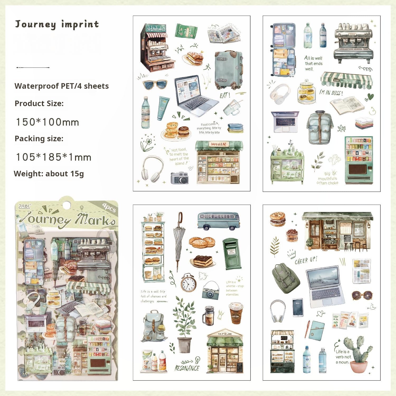 0910 Travel diary PET Sticker -4Pcs each pack