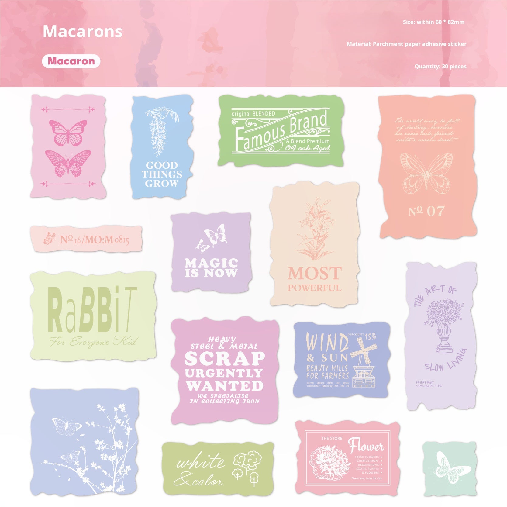 0620 Vintage label vellum paper Sticker -30Pcs each pack