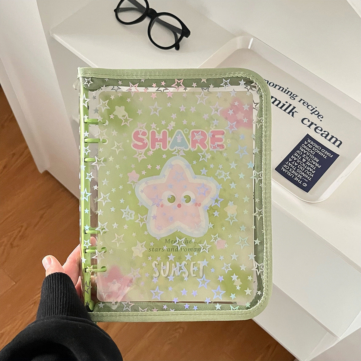 0701 A5 Glitter Stars clear binder with Zipper *not contain insert pages
