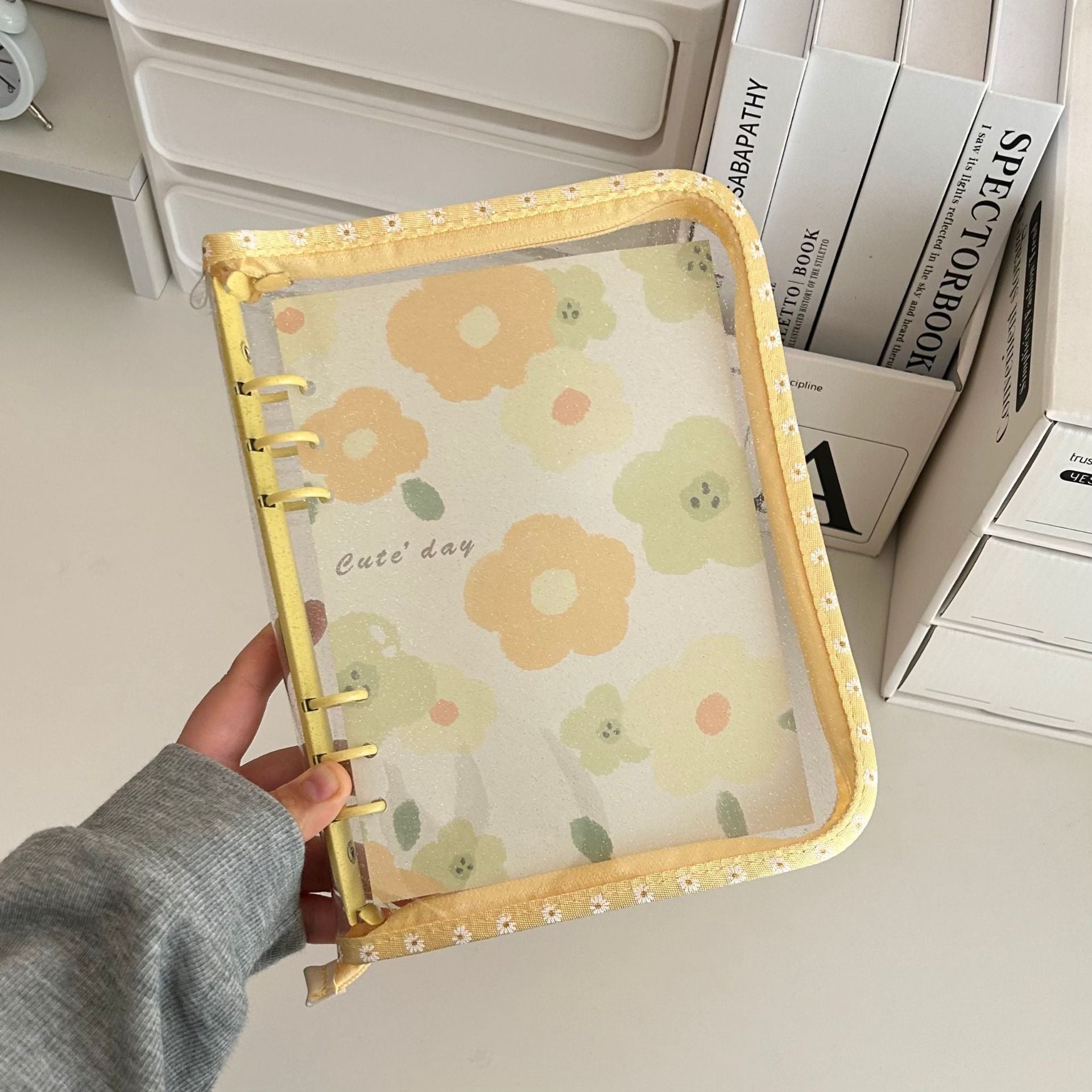 0701 A5 Glitter clear binder with Zipper and flower pattern border *not contain insert pages
