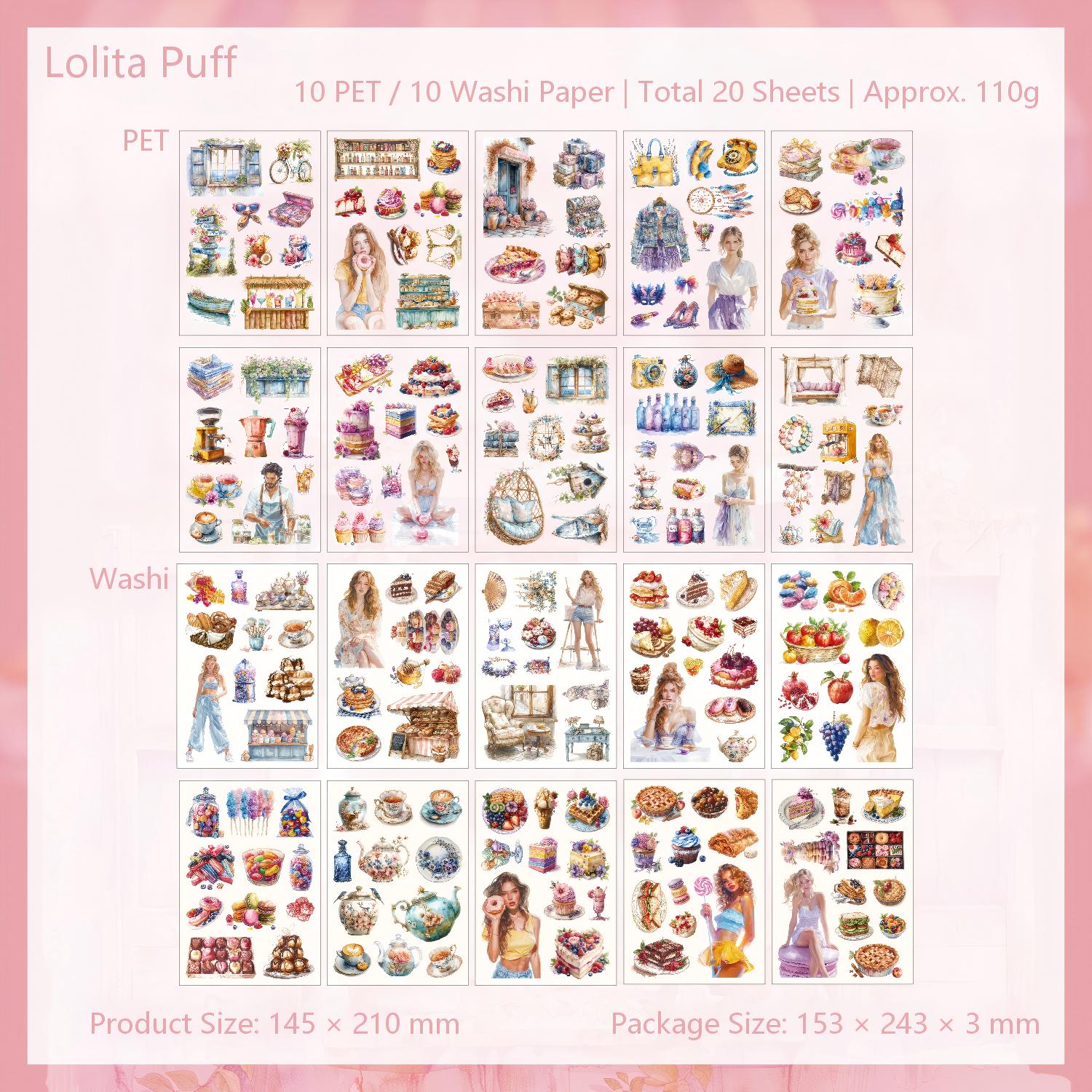 Cottagecore & Vintage Girl Sticker Book (PET & Washi) -20Pcs each pack
