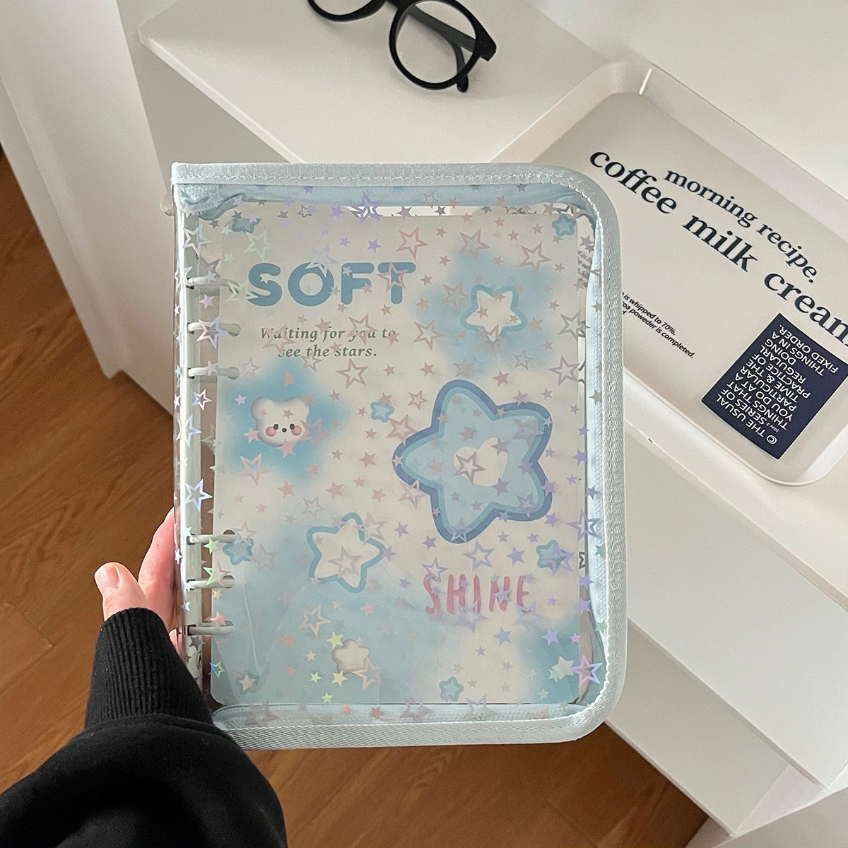 0701 A5 Glitter Stars clear binder with Zipper *not contain insert pages