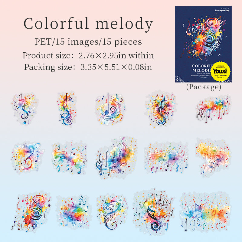 0623 Colorful melody PET Stickers -15Pcs each pack