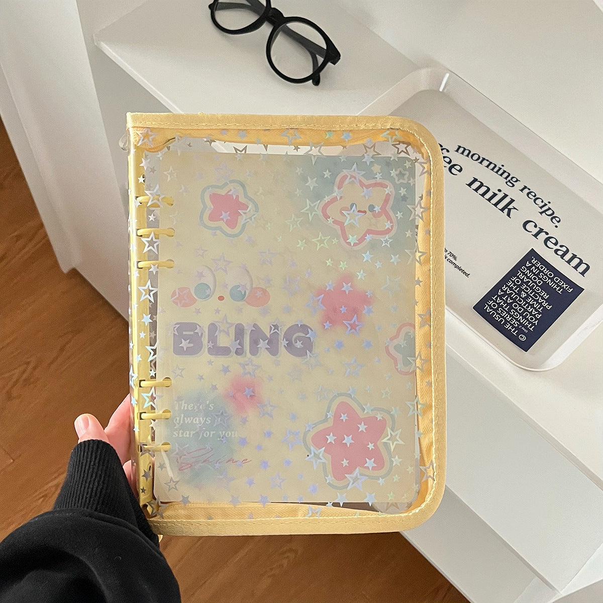 0701 A5 Glitter Stars clear binder with Zipper *not contain insert pages