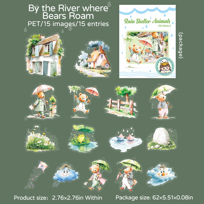 0630 Animals hiding from the rain PET sticker -15Pcs each pack