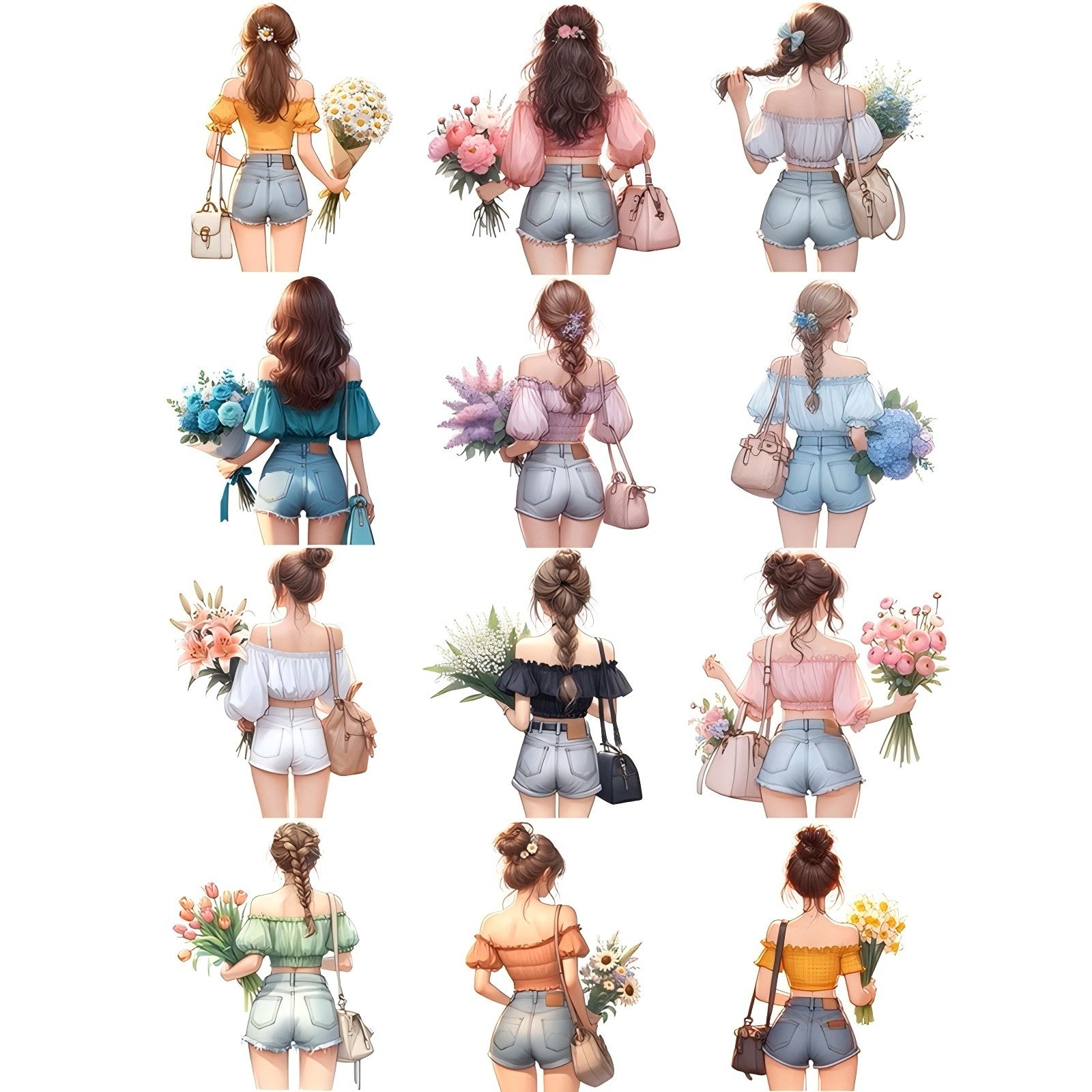 0101 Back bouquet girl solid sticker with white border  -12Pcs each pack
