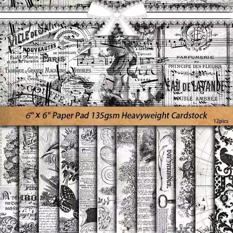 0620 Black and white vintage Background Paper -12Pcs each pack