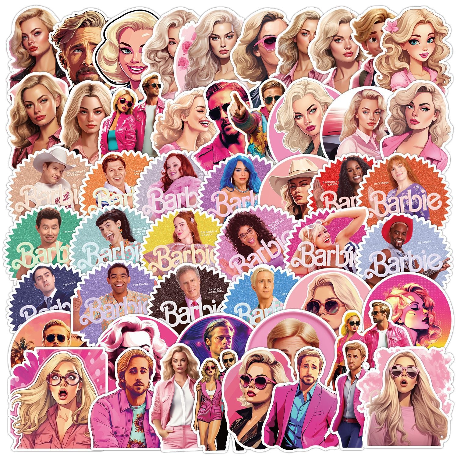 0221 Cartoon Barbie solid sticker with white border -50Pcs each pack