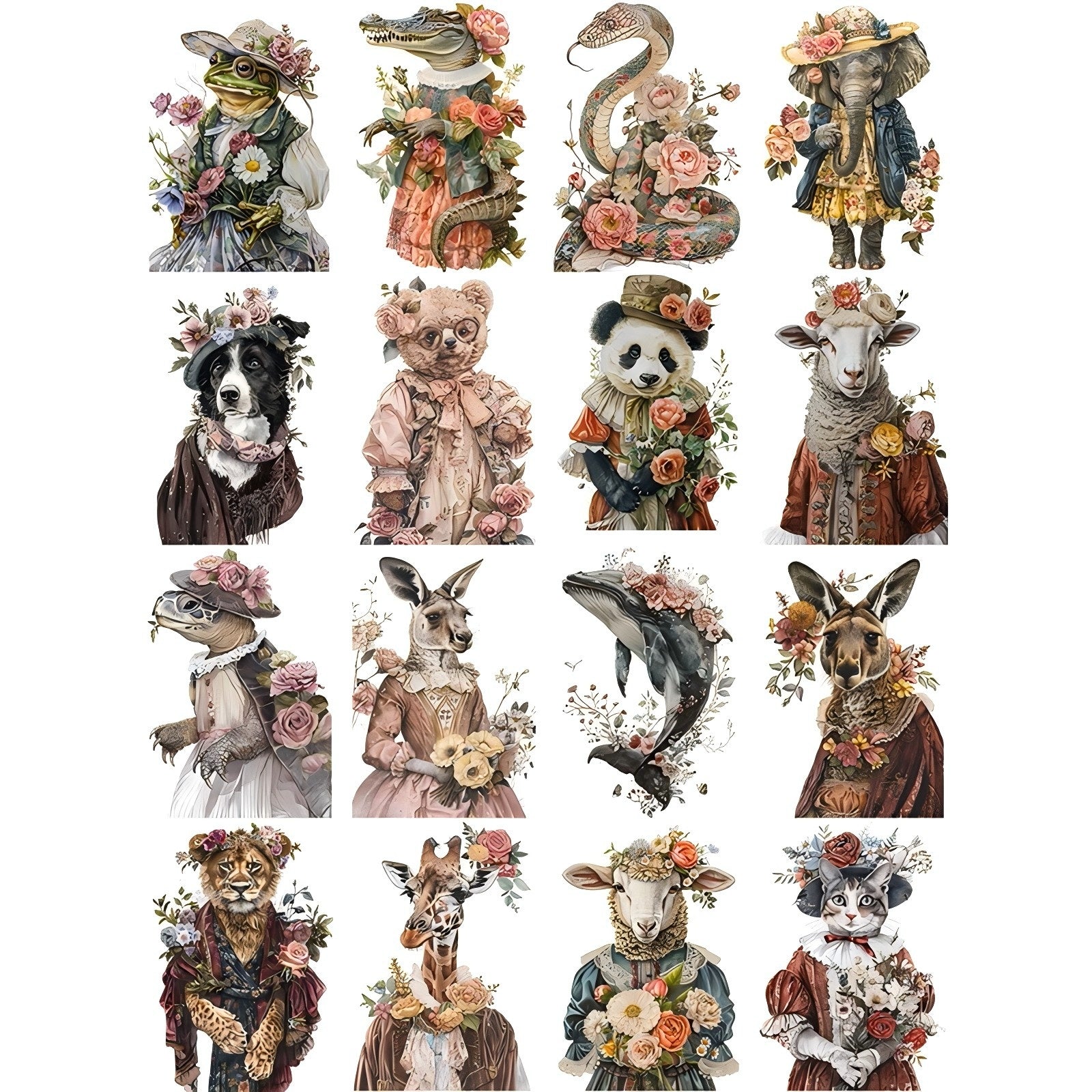 0101 Vintage Flower Animals solid sticker with white border -20Pcs each pack